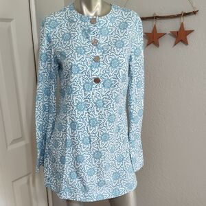 Tory Burch Womens Tunic Top Size 6 Blue Floral Print Long Sleeve Linen Cotton